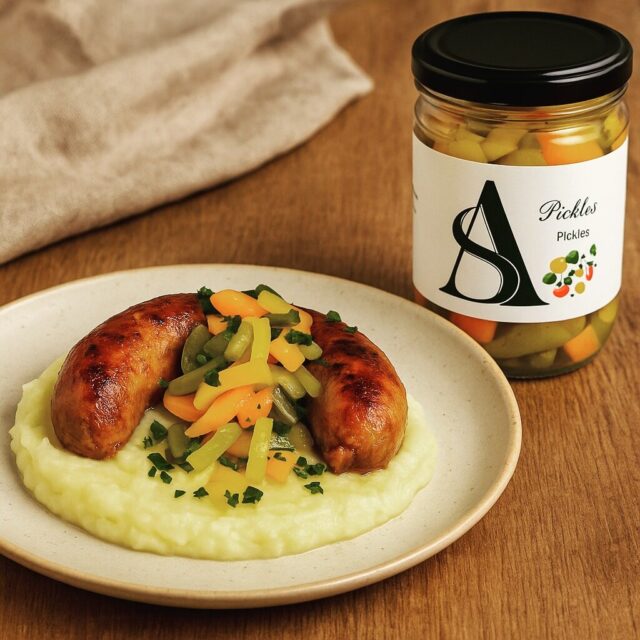 Porque este tempo pede uma comida de conforto

Alheira Crocante com Puré Cremoso e Pickles Doces Salteados
 
•	1 alheira (preferência de caça, mirandesa ou vegetariana)
•	2 batatas médias
•	1 colher de sopa de manteiga
•	50 ml de leite (ou bebida vegetal)
•	Sal e pimenta q.b.
•	1 colher de chá de mostarda antiga (opcional, para o puré)
•	3 colheres de sopa de pickles doces em conserva
•	1 colher de sopa de azeite
•	Raminho de salsa ou coentros frescos picados

Preparação

1.	Preparar o puré:
o	Coze as batatas descascadas em água com sal até estarem bem macias.
o	Escorre e esmaga com um garfo ou passe-vite.
o	Junta a manteiga, o leite e a mostarda (opcional). Mexe bem até ficar cremoso. Ajusta o sal e pimenta a gosto.

2.	Preparar a alheira:
o	Retira a pele da alheira com cuidado.
o	Numa frigideira antiaderente, grelha a alheira sem gordura, em lume médio, pressionando ligeiramente para ganhar crosta. Vira até ficar dourada dos dois lados (cerca de 4–5 minutos por lado).

3.	Pickles salteados:
o	Escorre e corta os pickles em pedaços mais pequenos (se necessário).
o	Salteia rapidamente em azeite quente por 1 a 2 minutos, só para aquecer e intensificar o aroma.

4.	Montagem:
o	Coloca uma base de puré no prato.
o	Por cima, dispõe a alheira grelhada (pode cortar em pedaços ou deixar inteira).
o	Finaliza com os pickles salteados por cima e um toque de ervas frescas picadas.

Sugestão extra:
Acompanha com uma folha verde (rúcula ou agrião) ou até com um fio de mel picante, para um toque ainda mais sofisticado.

Bom Apetite!