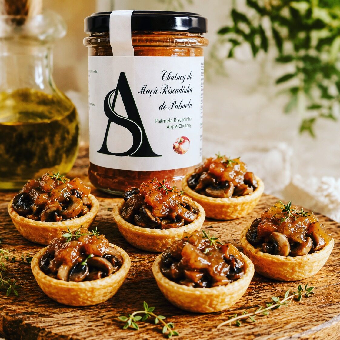 Sugestão para uma refeição rápida 

Tartelete Vegetariana com Cogumelos & Chutney de Maçã Riscadinha

Ingredientes
•	mini tarteletes prontas 
•	cogumelos salteados 
•	cebola roxa 
•	tomilho fresco 
•	azeite 
•	chutney de maçã riscadinha 
•	noz ou amêndoa tostada
Preparação
 Saltear:
•	cebola + cogumelos 
•	azeite + tomilho 
até ficarem dourados

Rechear as tarteletes
colocar mistura de cogumelos

 Finalizar com:
•	pequena colher de chutney de maçã riscadinha 
•	noz tostada picada 

 Aquecer no forno:
5–7 minutos

Bom Apetite!