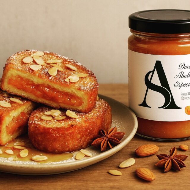 Com a proximidade do Natal, deixamos uma sugestão com cheirinho a Natal
Rabanadas com Doce de Abóbora e Especiarias
Ingredientes 
•	1 cacete ou pão de forma largo (de preferência do dia anterior)
•	Doce de Abóbora com Especiarias @alquimia.sabores (q.b.)
•	300 ml de leite
•	2 colheres de sopa de açúcar
•	2 cascas de laranja
•	1 pau de canela
•	3 ovos
•	Óleo ou azeite para fritar (ou assar no forno)
•	Mel q.b.
•	Amêndoas laminadas ou nozes partidas
•	Açúcar em pó (opcional)
•	Estrelas de anis para decorar
Preparação
Cortar o pão em fatias grossas e abrir uma pequena bolsa no centro.
Rechear cada fatia com o Doce de Abóbora com Especiarias.
Aquecer o leite com o açúcar, cascas de laranja e pau de canela — deixar arrefecer um pouco.
Passar as rabanadas pelo leite aromatizado e depois pelos ovos batidos.
Fritar até dourar (ou assar 15 min a 200°C, virando a meio).
Colocar no prato final, regar com um fio de mel e polvilhar com amêndoas.
Bom Apetite!
