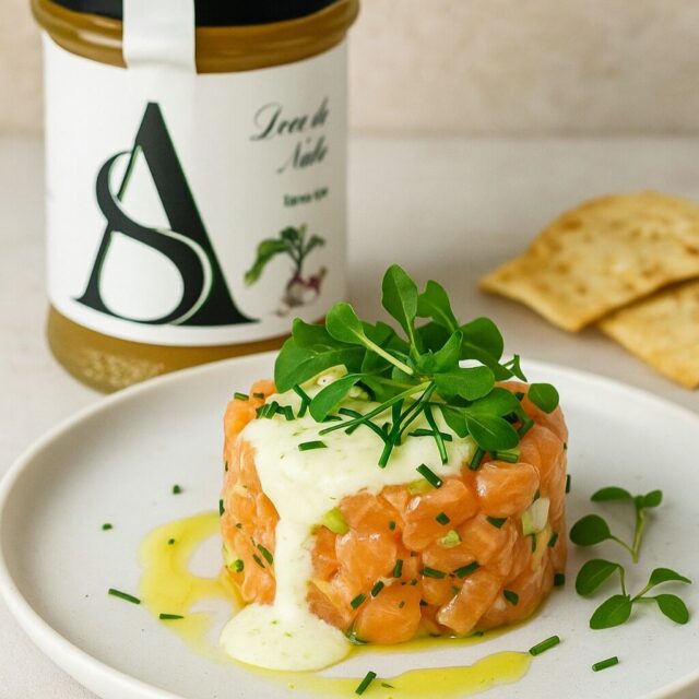 Sugestão para o Fim de Semana

Tártaro de Salmão com Doce de Nabo, Maçã Verde e Iogurte de Lima

Ingredientes:
•	200 g de lombo de salmão fresco (de qualidade sashimi)
•	1 maçã verde (Granny Smith), cortada em cubinhos
•	1 colher de sopa de Doce de Nabo @alquimia.sabores 
•	Sumo e raspa de 1 lima
•	1 iogurte grego natural (sem açúcar)
•	1 colher de sopa de azeite virgem extra
•	1 colher de chá de mostarda Dijon (opcional)
•	Cebolinho ou endro fresco picado
•	Sal e pimenta preta moída na hora
•	Brotos verdes (ex: rúcula baby, agrião ou rabanetes) para guarnecer
•	Tostas finas ou crackers para servir

Preparação:

- Corte o salmão em cubinhos pequenos (como num tártaro tradicional).
- Tempere com uma pitada de sal, pimenta e metade do sumo de lima. Reserve no frio.

- Numa taça, misture a maçã cortada em cubinhos com o doce de nabo, um fio de azeite, a mostarda (se usar), e um pouco de raspa de lima. Deixe marinar 5-10 minutos.

-	Misture o iogurte grego com o restante sumo e raspa de lima. Tempere com sal fino e um fio de azeite. Reserve no frio.

-	Envolva o salmão com a mistura de maçã e doce de nabo.
-	Num prato fundo ou aro metálico, coloque uma camada do tártaro, pressionando ligeiramente.
-	Disponha uma colher do iogurte de lima por cima ou ao lado.
-	Finalize com cebolinho fresco, brotos verdes e algumas gotas de azeite virgem.

-	Tostas finas, crackers de sementes ou chips de batata-doce para acompanhar.

Bom Apetite!